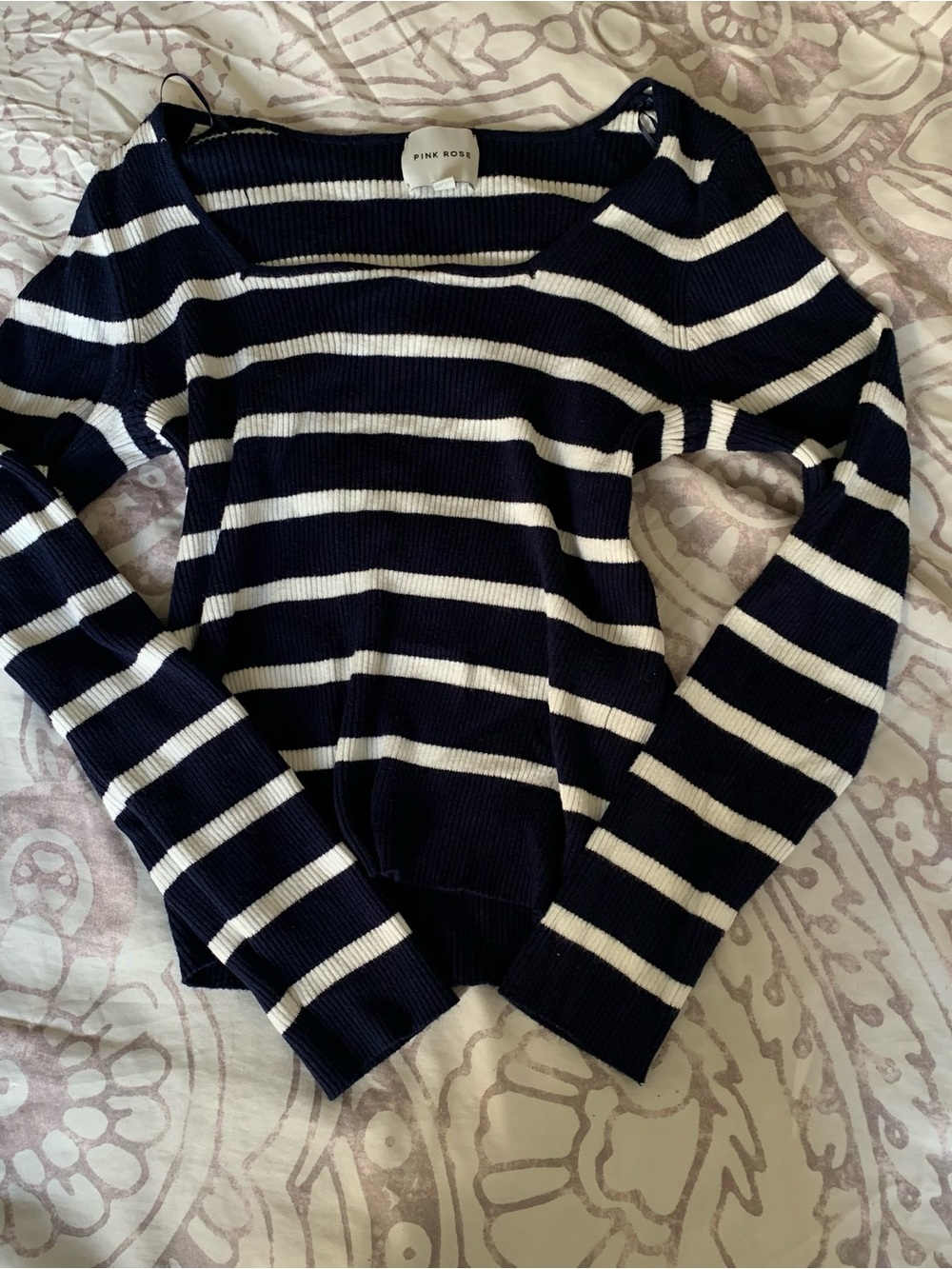 Pink Rose Navy & White Striped Square-Neck Sweater
